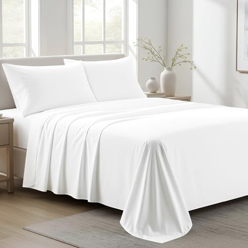 Ashton Sheets 100% Organic Cotton Sheets Queen Size - 4 PC Organic Cotton Queen Size Percale Weave Sheet Set, Soft, Cooling, Crisp & Breathable, 16' Deep Pocket Hotel Quality Bedding Set - White