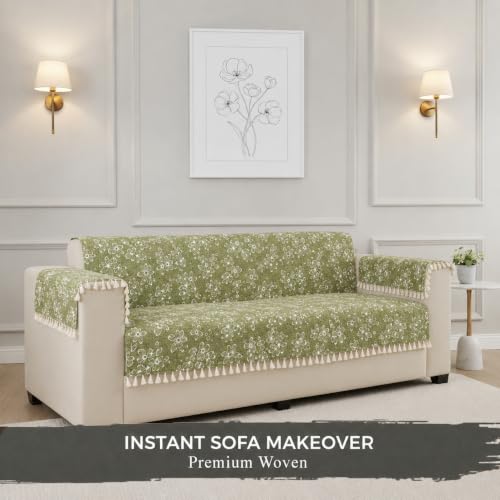 Image of STITCHNEST Woven Fabric Sofa Cover 3 Seater with 2 Hand Rest Covers - Washable Green Sofa Cover with Tassels - Durable Premium Fabric - Stylish Sofa Protector for Living Room & Furniture Decor