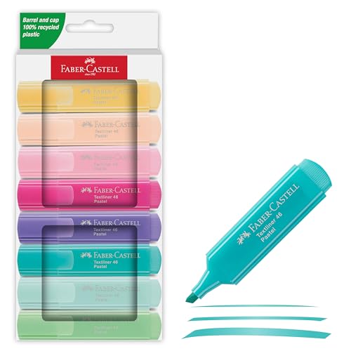 Faber-Castell 254658 - Surligneur Set 46, 8 surligneurs pastels à pointe biseautée longue durée, largeur de trait 1 - 5 mm, rechargeable