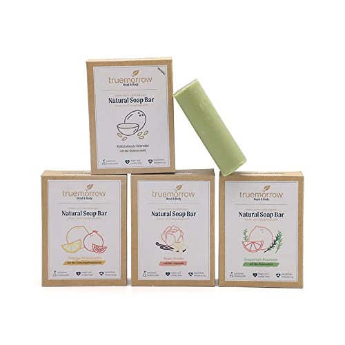 truemorrow Natural Soap Bar | Natürliche Hand- und Hautpflegeseife | in vier unterschiedlichen Sorten | nachhaltig, vegan und klimaneutral | 1 Produkt pflanzt 1 Baum (4 Düfte Probierset (1 gratis)) Cover