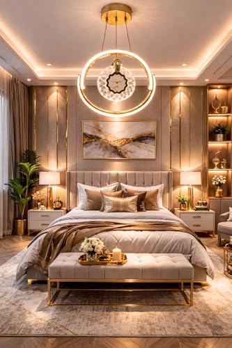Image of Modern Luxury Stylish LED Ring Gold Finish with 3 Different Color Mode (Warm White, Cool White, Neutral White) Changing Chandelier with Height Adjustable Hanging for Bedroom, Living, Dining,