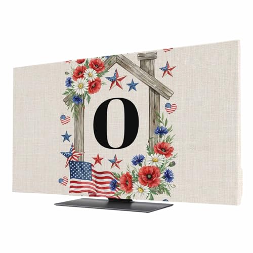 43 Inch TV Cover Indoor, Letter O Dustproof Elastic Television Screen Protector, USA Patriotic Star Stripe Flag Floral Wooden Beige Stretch TV Dust Cover for Flat Curved Smart TVs LED LCD OLED Monitor