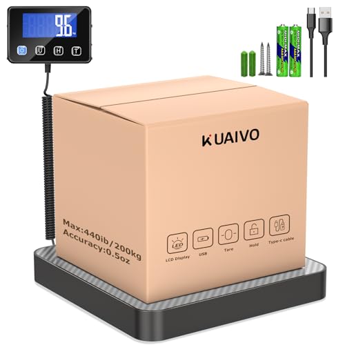 KUAIVO Báscula de paquete, báscula de plataforma de alta precisión 200kg/10g con LCD/Hold/Función Tara, báscula postal de acero inoxidable para paquetes, equipaje, almacén, empresas y para uso