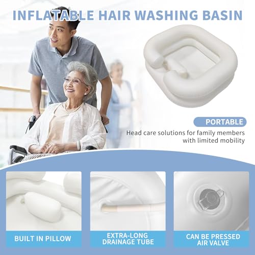 GSengGoung Inflatable Shampoo Basin, Portable Shampoo Bowl with Neck Support Drain Hose for bedridden People, Shampoo Sink for Those Elderly Disabled Pregnant Women Injured (Cream White) - Thumbnail 4