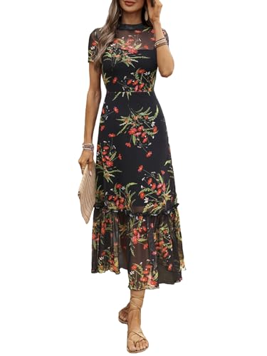 Image of GothDark Women's Summer Floral Mesh Ruffle Dress Short Sleeve Round Neck Waist Cinched Casual Maxi Wedding Guest Dresses
