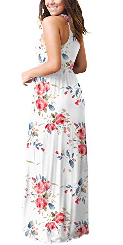GRECERELLE Women's Summer Sleeveless Racerback Loose Plain Maxi Dress Floral Print Casual Long Dresses with Pockets FP White-Small