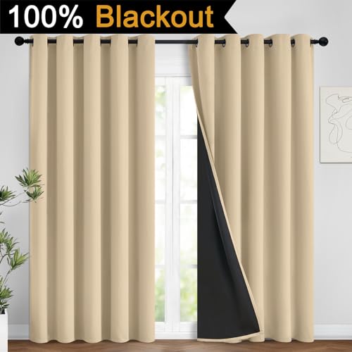 Image of Yakamok Beige 100% Blackout Curtains 96 Inches Long for Bedroom 62 inch Wide | Blackout Curtain Panels for Bedroom, 2 Thick Layers Grommet Top Thermal Insulated Drapes with Black Liner for Living Room