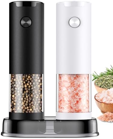 Electric Salt and Pepper Shakers Set Automatic Battery Pepper Mill Shakers Adjustable Coarseness Easy Filling Upgraded Larger Capacity with Led (2 Pack Black/White） image 2