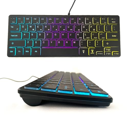 Image of abucow Backlit Mini Keyboard USB Wired Portable Mute Ultra-Compact Small Gaming Keyboard 64 Keys for PC /Mac Gamer Typist Travel Easy to Carry on Business Trip (Style 3)