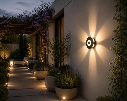 Image of FERA Waterproof Up Down Led Wall Lamp, Aluminium IP65 Body 6+1 Ray, Warm White, Indoor /Outdoor Decorative Wall Sconce Light, (HaloBeam 6 Way Warm)