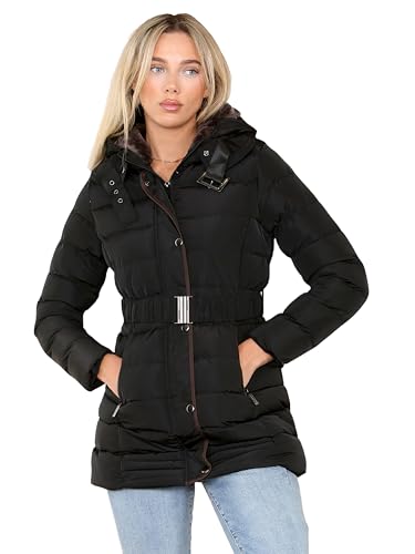kraftd Women Winter Puffer Jacket Hooded Belted Quilted Short Coat Faux Fur Warm Ladies Parka Womens Winter Outerwear (Black, 10)