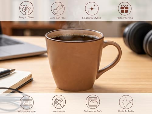 Image of Bodhi House Handcrafted Ceramic Coffee Mug Set of 6 Pieces (350 Ml), Stoneware Tea Cup Microwave Safe Large Milk Mug, Glossy Finish Ideal for Daily use, Casual Gatherings and Gifting, Terracotta Brown