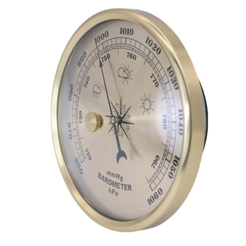 UTTASU Barometro con quadrante in metallo con termometro e igrometro per stazione meteorologica interna, montaggio a parete, decorazione per la casa, finitura oro, diametro 90 mm
