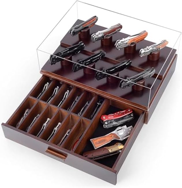 Knife Display Case, Pocket Knife Collection Display Holder, Folding Knife Wooden Showcase Display Organizer Storage with Drawers and Acrylic Cover, Surprise Gift for Men