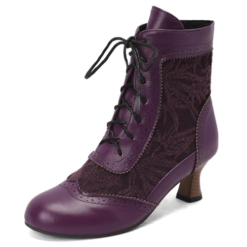 CRETUAO Bottines en Dentelle victoriennes pour Femmes, Confortables, pour Mariage, mariée, Talon Chaton, Bottines pour Robe de soirée, Bottes rétro à Talon Moyen de sorcière,Violet,40 EU
