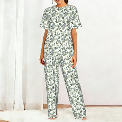 Pyjama à manches courtes feuilles d'eucalyptus vert pour nuits d'été fraîches