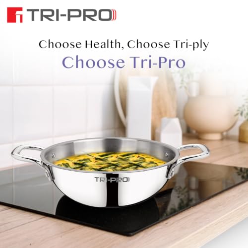 Image of TriPro TriPly Stainless Steel 3 Pcs Cookware Set - Kadai 22cm (2.3L) and Frypan 22cm (1L) with a Common Stainless Steel Lid, Consumes Less Oil, Healthy Cooking - Induction and Gas Stove Ready