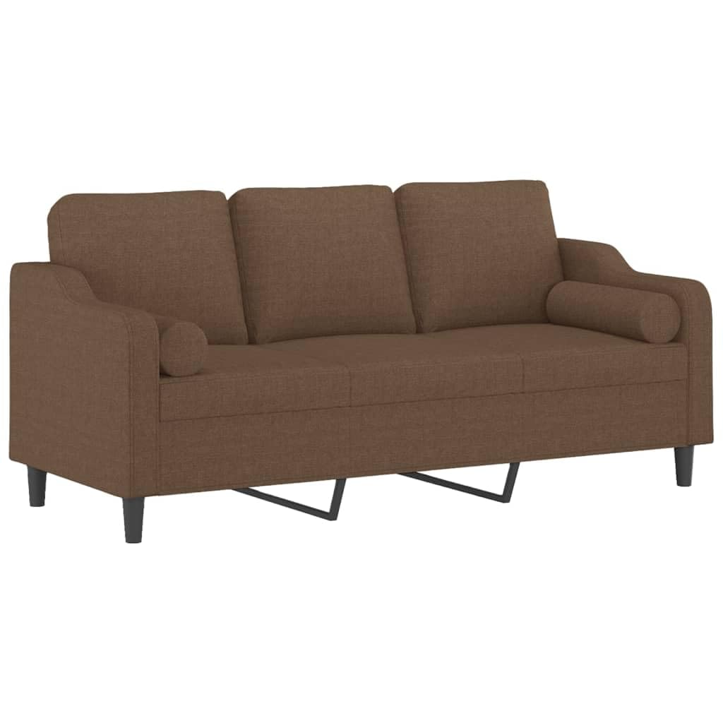 Sofa 3-osobowa, brązowa, szerokość siedziska 180 cm, obicie materiałowe, nowoczesne wzornictwo, metalowy stelaż, zdejmowane poszewki na poduszki, do salonu, przytulna
