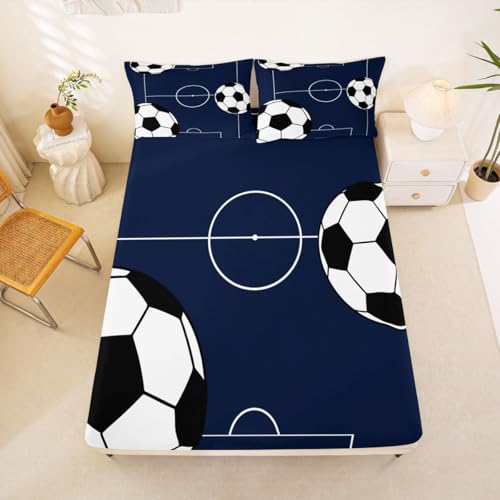 Image of Castle Fairy Dark Blue Ball Gaming Bed Sheet King Set,Kids Soccer Sports Theme Sheet Sets Adults Room Decoration,Football Bedding Set with Flat,Fitted Sheet,2 Pillow Cases
