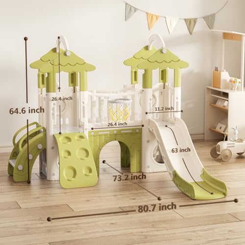 XJD 9 in 1 Toddler Slide, Jungle Slide with Basketball Hoop, Tunnel and Storage Space, Outdoor Indoor for Toddlers Age 1+,Tree House Design Toddlers Outdoor Indoor Playground (Green)