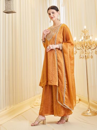Image of MOKOSH Women's Silk Embroidered Anarkali Kurta and Sharara with Dupatta Set | Ethnic Set | Suit Set | Kurta Set