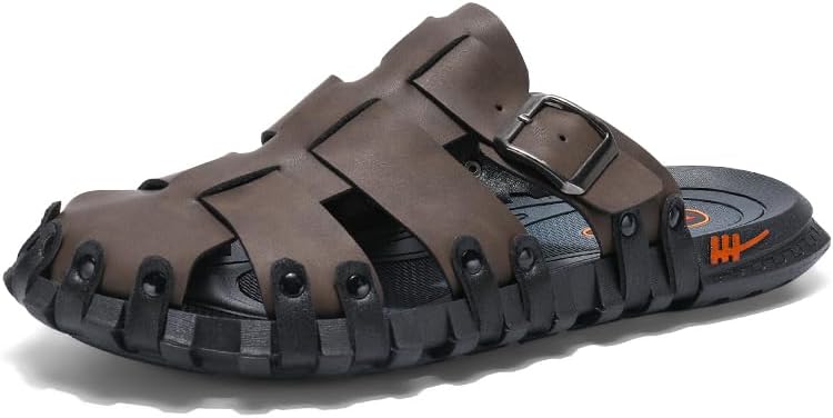 Mens Leather Beach Slides Sandals For Men Closed Toe Hiking Outdoor Athletic Casual Walking Sandals Water Shoes Summer Fisherman