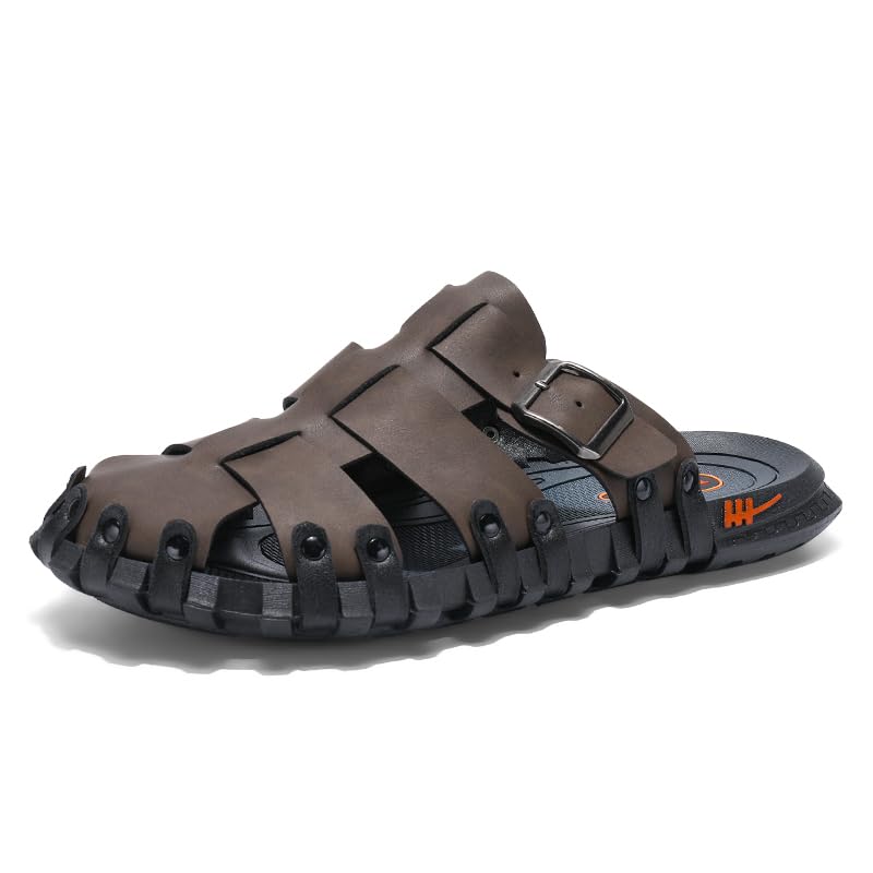 Image of Mens Leather Beach Slides Sandals For Men Closed Toe Hiking Outdoor Athletic Casual Walking Sandals Water Shoes Summer Fisherman