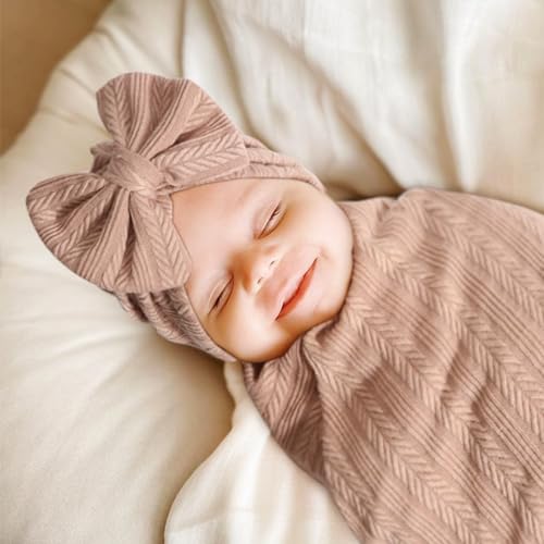 Image of DRESHOW BQUBO Baby Swaddle Blankets for Girls, 4PCS Newborn Accessories Set with Matching Hat and Bow Headband with Hello World Wooden Birth Announcement Card