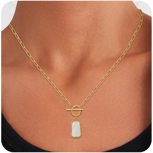 Natural White Sea Shell OT Buckle Long Plate Pendant Necklace For Women Trendy Elegant in Color and Luster Titanium Steel Electroplated with 18K Gold Necklace2