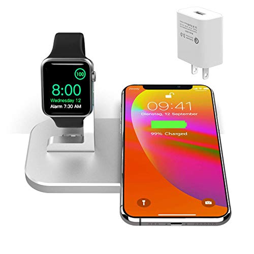 BNCHI iPhone iwatch Charging Station,Wireless Charger for iPhone13/13 pro/12/12 pro/11/11 pro/X/Xs/Xs MAX/8 Plus/8,Charging Stand for iWatch 6/5/4/3/2/1 (Matte Silver)