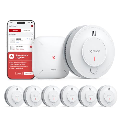 X-Sense Smarter Rauchmelder WLAN mit Sprachausgabe und 17 Standorten, Feuermelder, Rauchmelder vernetzt, 33 mm, SBS50 Basisstation erforderlich, XS0B-MR, 6 Stück