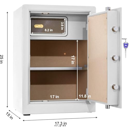 TIGERKING Safe Box,Home Safe,Large Security Box with Double Safety Key Lock and Password for Money and Document,3.7 Cubic White