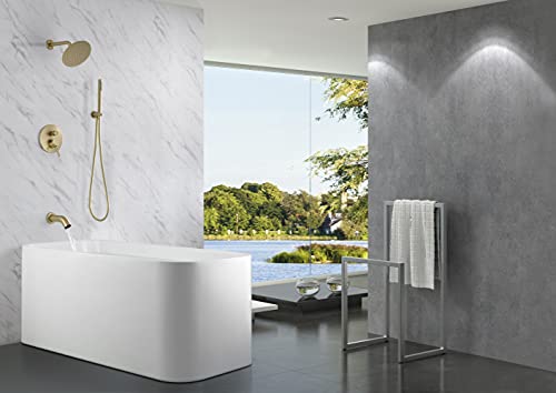 Sumerain Shower System With Tub Spout And Handheld Shower, Brass Rain Shower Tub Set With 8 Inches Shower Head And Rough In Valve Brushed Gold #TOP2