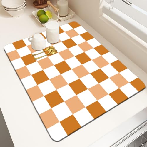 MCALK Orange Checkered Dish Drying Mat for Kitchen Counter, Coffee Bar Station Accessories with Anti-Slip Rubber Base, Absorbent Kitchen Sink Mat with Modern Art Decor (1 pc 18" x 16")