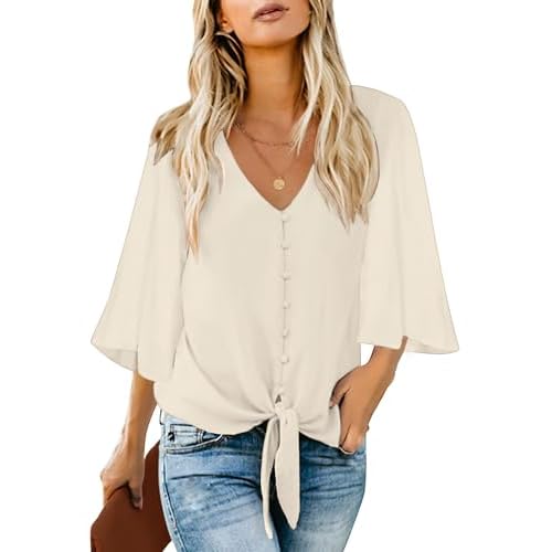 luvamia Women's Casual V Neck Tops 3/4 Sleeve Tie Knot Blouses Solid Button Down Shirts X-Small White