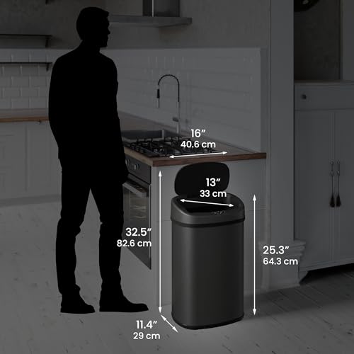 Image of SensorCan 13 Gallon Oval Motion Sensor Kitchen Trash Can with Odor Filter & AC Adapter | Automatic Touchless Garbage Can | Electric Sensor Bin | Stainless Steel Kitchen Garbage Can | Matte Black