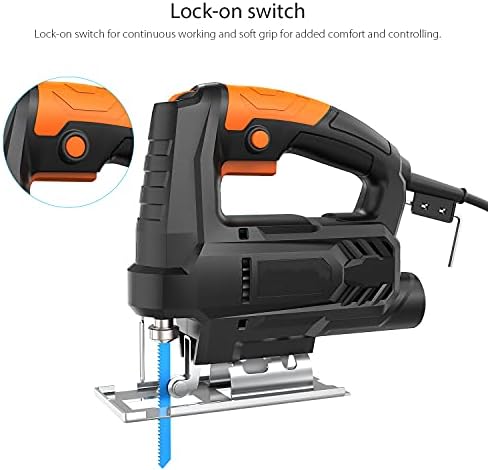 Jigsaw, Electric Jigsaw Tool 3000SPM 400W, 6 Variable Speed, Bevel Cutting Angle -45° to 45°, Lock-On Switch, with 8pcs Cutting Blades, Jig Saws for Wood Cutting & Metal Cutting