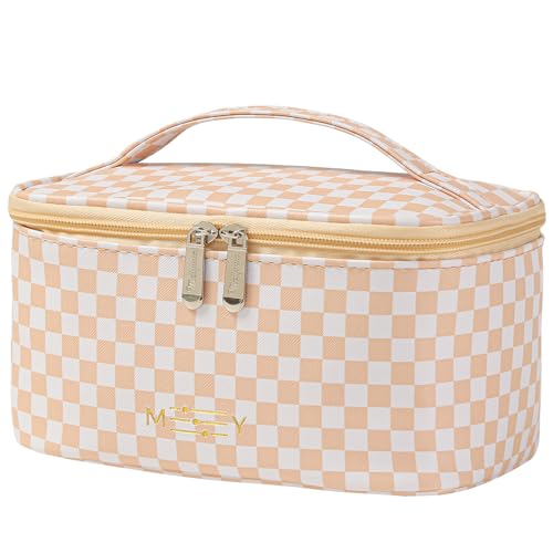 Image of Meiyuuo Makeup Bag Cosmetic Bags Small for Women Ladies Zipper Pouch Makeup Organizer Waterproof Cute, Plaid Khaki, Carry-on Medium, Plaid