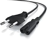 Technische Daten: Kategorie: Euro-Anschlusskabel (1,80m) | Anschluss: Euro-Stecker (Typ C, CEE 7/16) zu Kleingeräte-Buchse C7 | Steckerausführung: Gerade | Kabeltyp: H03VVH2-F 2X 0,75 mm² | Kabel-Querschnitt: 0,75mm² | Betriebsspannung: 230V | Max. Strombelastbarkeit: 2,5A