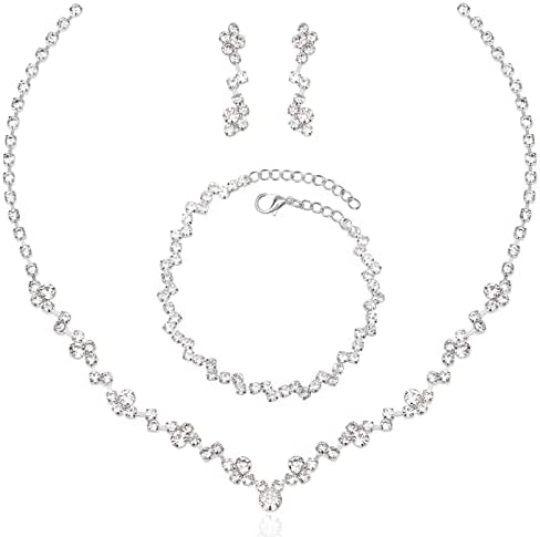 Elegant Silver Choker Necklace Earrings Bracelet Crystal Bridal Wedding Jewelry Sets for Brides Bridesmaid Prom Costume Accessories