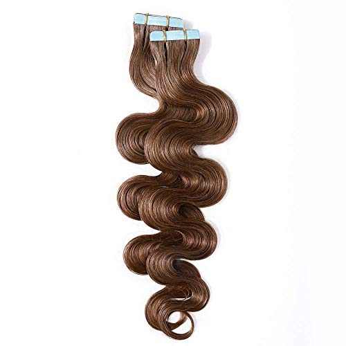Human Hair Tape in Extensions Down 16 Inch Brown 100 Wavy