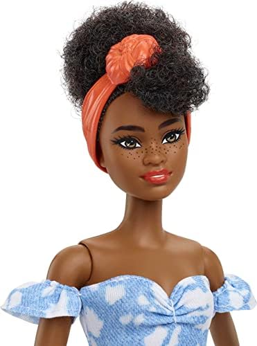 Barbie Fashionistas Doll #185, Black Up-do Hair, Off-shoulder Bleached Denim Dress, Orange Bandana, White Boots, Toy for Kids 3 to 8 Years Old