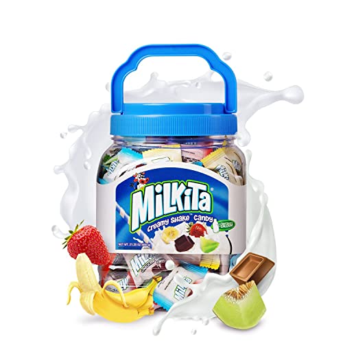 Milkita Creamy Shake Candy Jar, Gluten Free Chewy Candies With Calcium & Real Milk, Zero Trans Fat, Low-Sugar, Assorted Flavors (Vanilla, Strawberry, Chocolate, Honeydew, Banana), 150 Pcs #TOP21