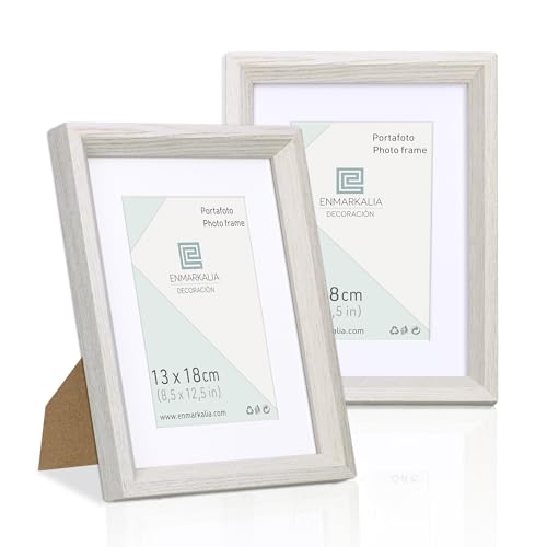 pack x2 Marco de foto, 13x18 cm SIN paspartu y 9x13 cm CON paspartu, color Blanco, paspartu, cristal y soporte de pie, colgador horizontal y vertical para colgar en pared (Blanco X2 Uds., 13 x 18 cm)