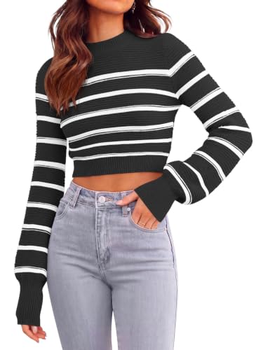 Image of Womens Sexy Crew Neck Cropped Sweaters Knit Long Sleeve Crop Tops Pullover