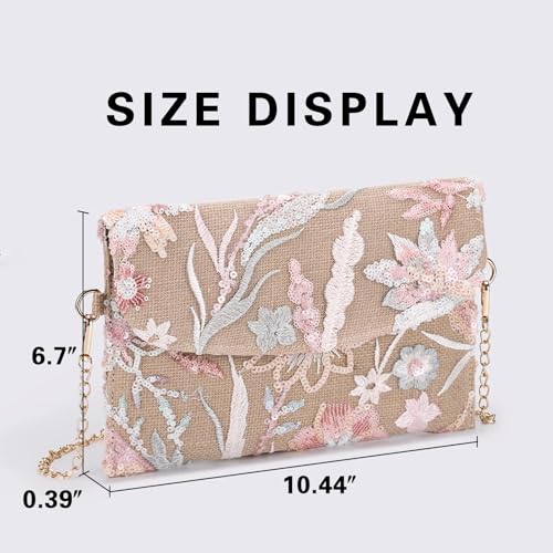 Image of Clutch Purses for Women, Envelope Package, Sequin Embroidered Flowers Straw Bag, Bohemian Handmade Handbags