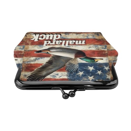 Pu Leather Buckle Coin Purse Mallard-Duck-America-Flag Girls Kiss-Lock Change Purse Wallets2