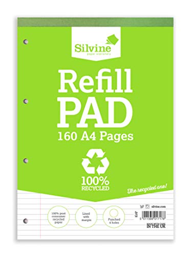 Silvine Everyday Ref RE4FM - Bloc de hojas de recambio de espiral doble (6 unidades, papel reciclado, A4, 160 hojas, 70 g/m², raya de 8 mm, con margen)