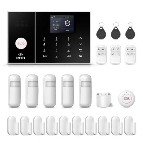 PGST A108F-EU-F Drahtlose Hausalarmsysteme Kit 24 Stück mit Farbdisplay, SOS/RFID, Tür-/Bewegungssensoren 4G & WiFi, Alexa/App Smart Life, kein Abonnement