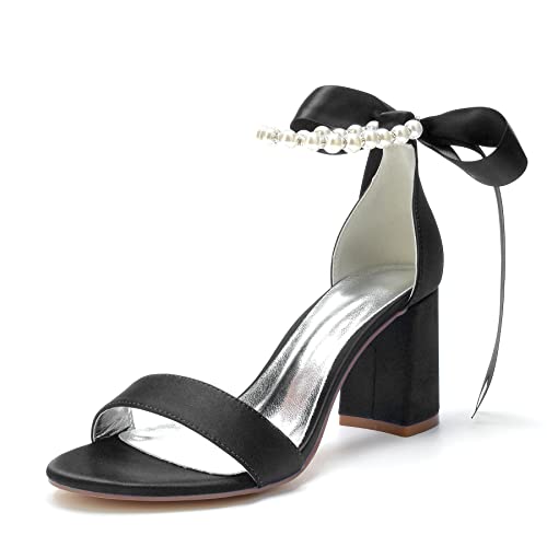 Hyinlays Chunky Block Heels for Women High Heel with Pearls Ankle Strap Wedding Shoes Open Toe Heels Dressy Pumps Sandals Black US8